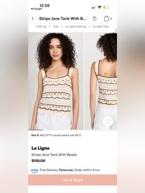La Ligne Cream and Tan Striped Beaded Tank